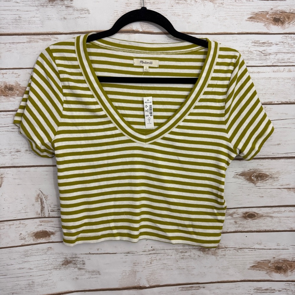 Madewell Green Striped Ribbed Cropped Short Sleeve Tee T-shirt NWT
